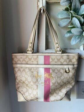 Coach Beige Signature Stripe Tote with Pink Accent